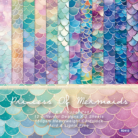 Inlovearts 24PCS 6" Princess of Mermaids Scrapbook & Cardstock Paper