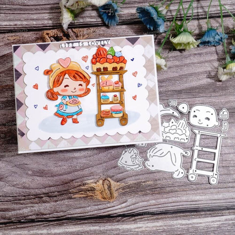 Inlovearts Little Girl and Cake Dining Cart Cutting Dies