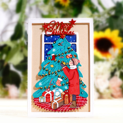 Inlovearts Little Girl Decorating Christmas Tree Cutting Dies