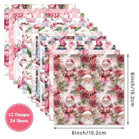 Inlovearts 24PCS 6" Rosy Yuletide Scrapbook & Cardstock Paper
