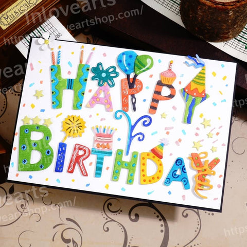 Inlovearts Happy Birthday Word with Decor Cutting Dies