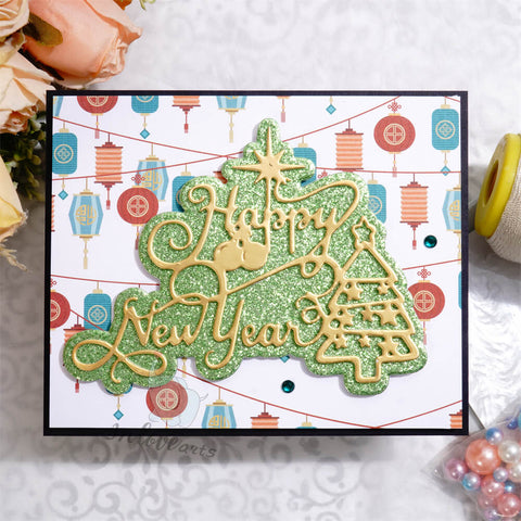 Inlovearts Happy New Year Word with Christmas Tree Cutting Dies