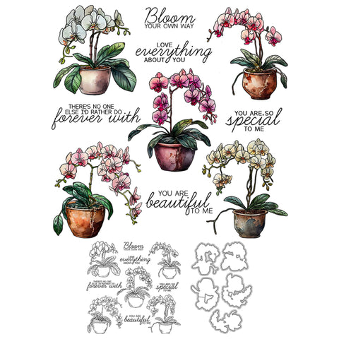Inlovearts Orchid Potted Plants Die with Stamps Set