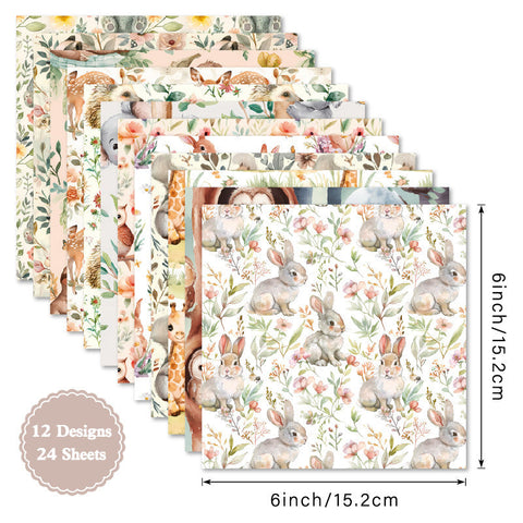 Inlovearts 24PCS 6" Critter Scrapbook & Cardstock Paper