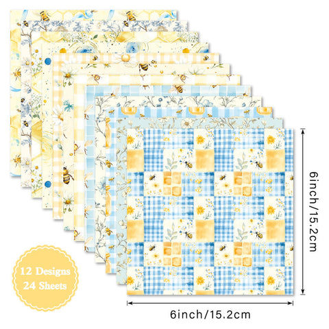 Inlovearts 24PCS 6" Bee Check Scrapbook & Cardstock Paper