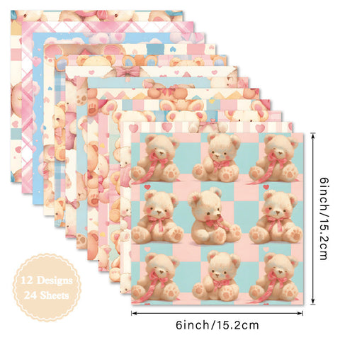 Inlovearts 24PCS 6" Cuddly Bears Scrapbook & Cardstock Paper