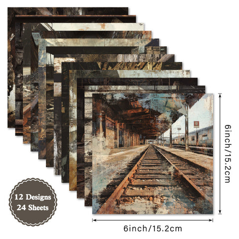 Inlovearts 24PCS 6" Railway Relies Scrapbook & Cardstock Paper