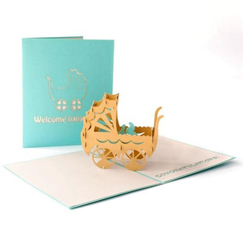 Inloveartshop 3D Baby Carriage Greeting Card-Blue