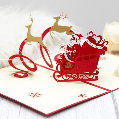 Red Elk Christmas Cart Pop-up Card - greetingpopup