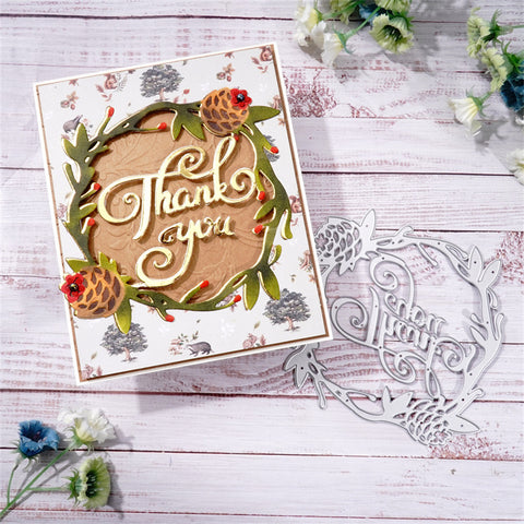 Inlovearts Pine Cones Frame with "Thank You" Cutting Dies
