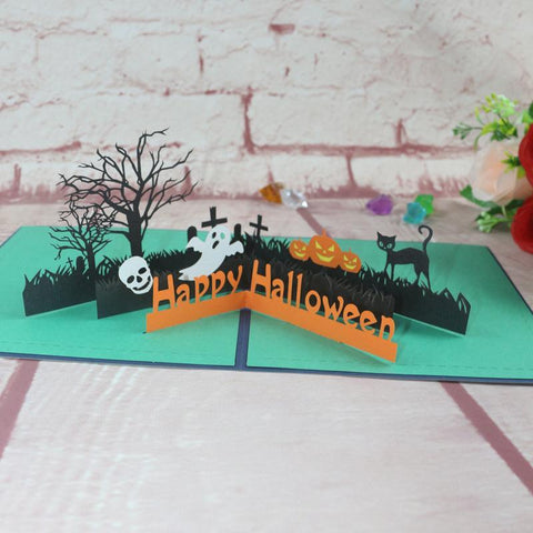 Halloween Tombside Pumpkins and Ghosts Paper-cut 3D Greeting Card