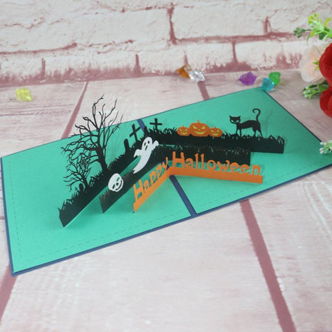Halloween Tombside Pumpkins and Ghosts Paper-cut 3D Greeting Card