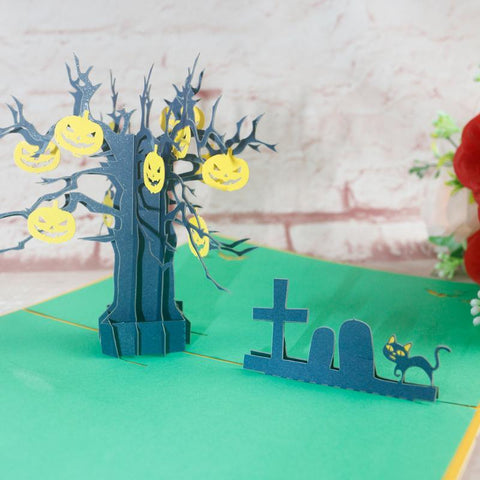 Halloween Pumpkin Horror Tree and Grave 3D Greeting Card