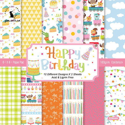 Inlovearts 24PCS  6" Happy Birthday Theme DIY Scrapbook & Cardstock Paper
