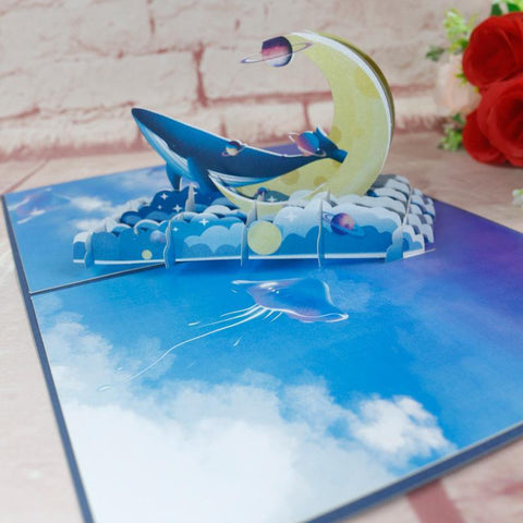 Inloveartshop Simple Blue Sky Moon Whale 3D Greeting Card