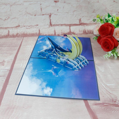 Inloveartshop Simple Blue Sky Moon Whale 3D Greeting Card