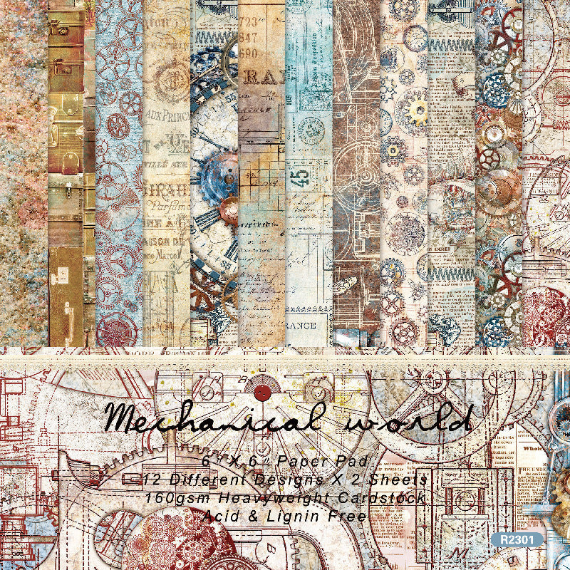 Inlovearts 24PCS  6" Mechanical World Theme Scrapbook & Cardstock Paper