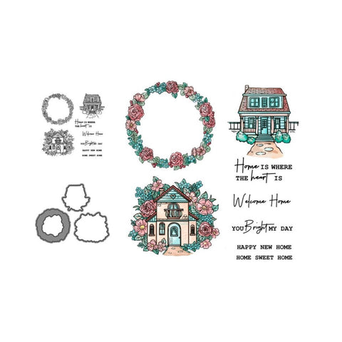 Inlovearts House and Flower Wreath Dies with Stamps Set