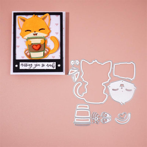 Inlovearts Cute Kitten Holding the Coffee Cup Cutting Dies